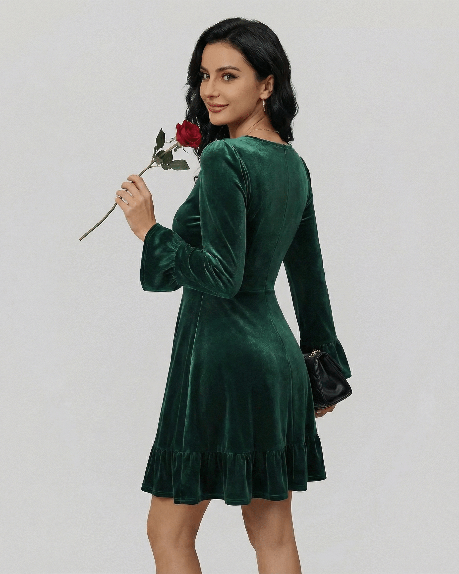 Emeraldia Mini Dress by Lauven, long sleeve, A-line silhouette in deep green with velvety texture.