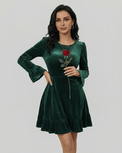 Emeraldia Mini Dress by Lauven, deep green long sleeve A-line mini dress with butterfly sleeves and a rose accessory.