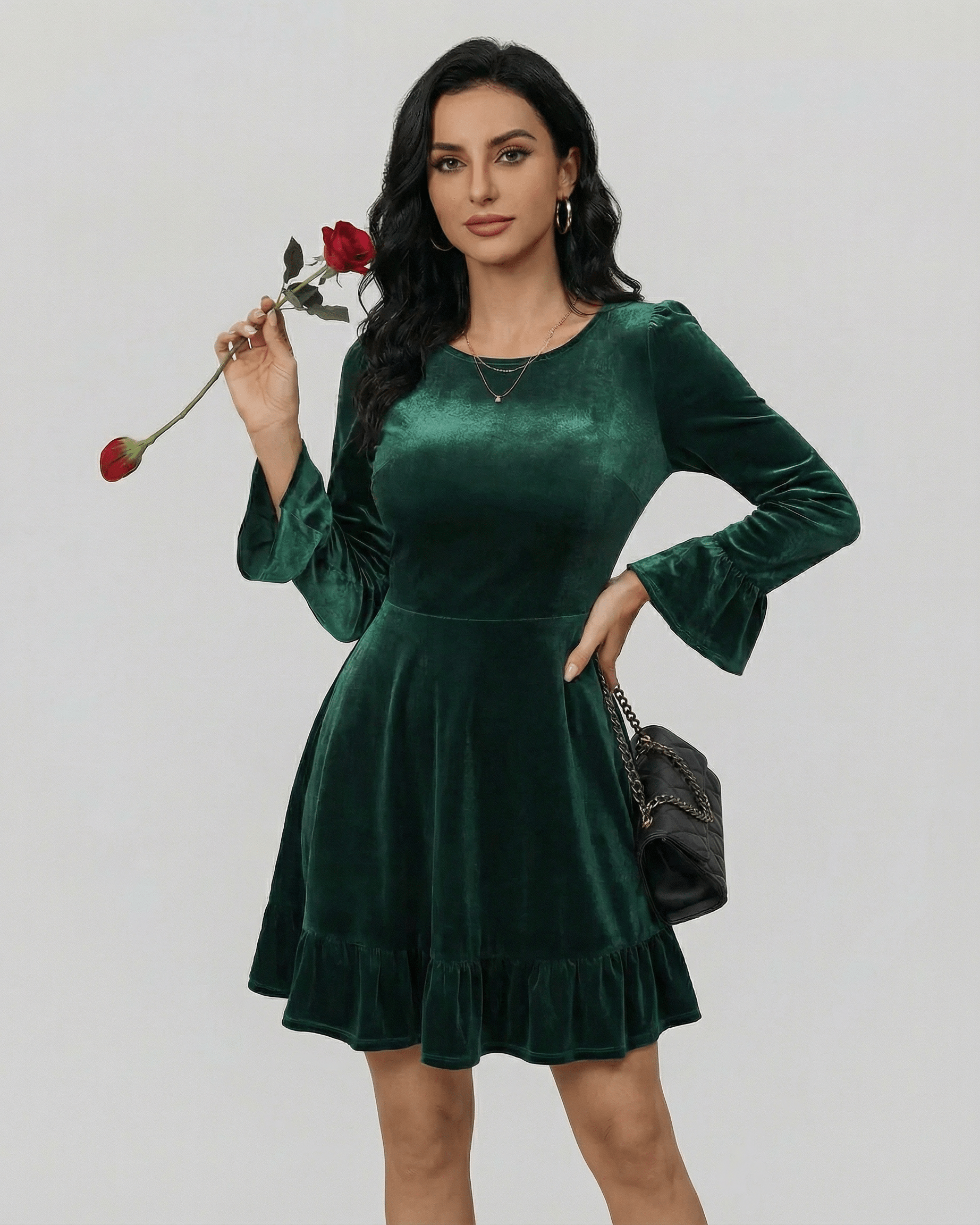 Emeraldia Mini Dress by Lauven, long sleeve A-line silhouette in deep green, featuring a soft, velvety texture.