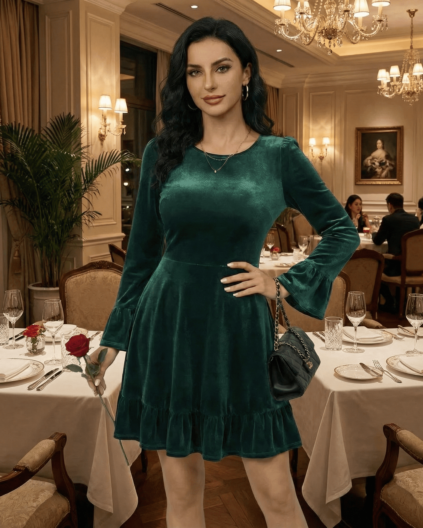 Emeraldia Mini Dress by Lauven worn in deep green velvet with long butterfly sleeves and A-line silhouette.