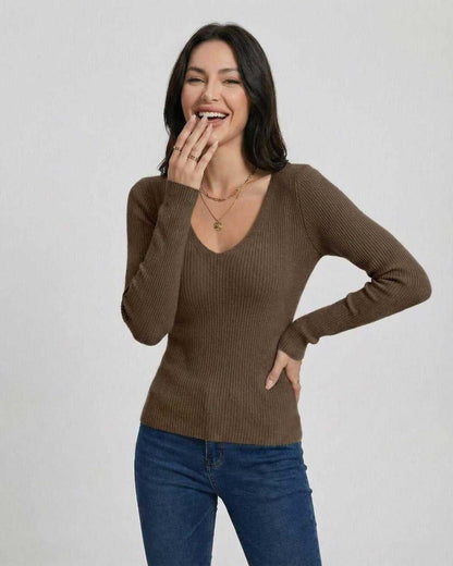 Espresso Pullover by Lauven, women's V-neck pullover sweater with slim fit and long sleeves, perfect for casual and workwear.