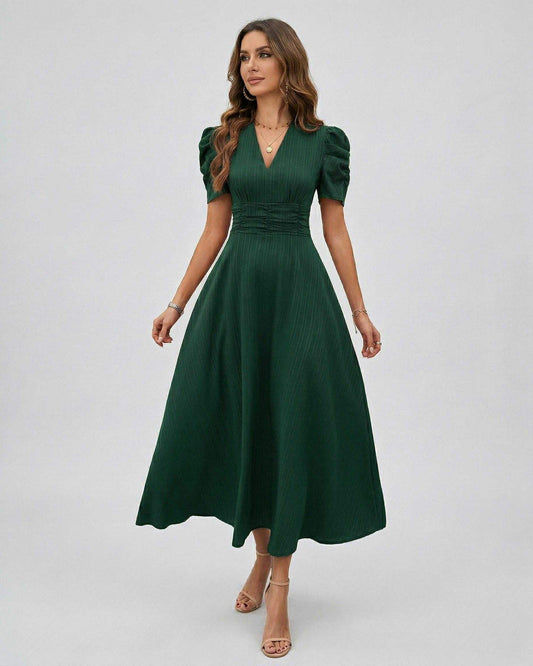 Evergreen Midi Dress in dark green with puff sleeves and V-neckline by Lauven for elegant occasions.