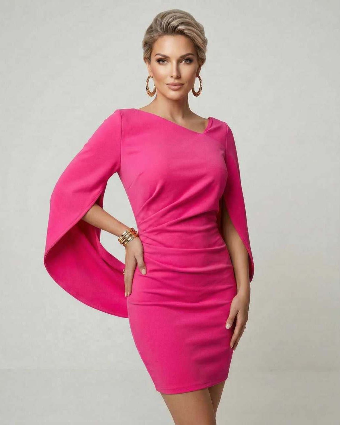 Fiora Mini Dress by Lauven in hot pink with cloak sleeves showcasing a sophisticated sheath silhouette.