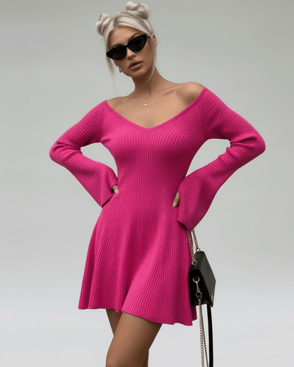 Fiora Mini Dress by Lauven in vibrant pink knit, featuring V-neckline and flared sleeves, perfect for a stylish look.