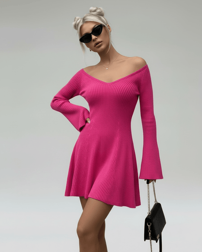 Fiora Mini Dress by Lauven - Slim fit pink knit with V-neck and flared sleeves, perfect for a stylish summer look.