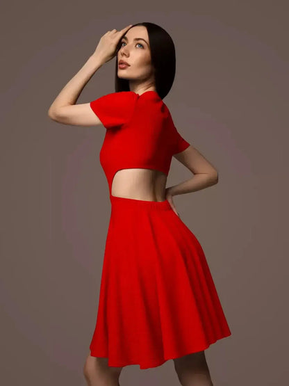 Stylish woman in a red flare cutout mini dress, ideal for summer weddings and cocktail parties.