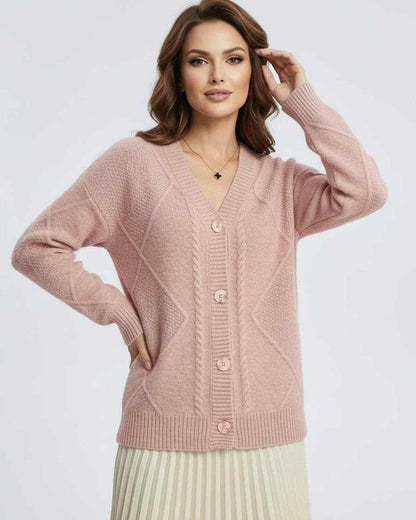 Fleur Cardigan by Lauven – Soft pink long sleeve knitwear with elegant button-down design.