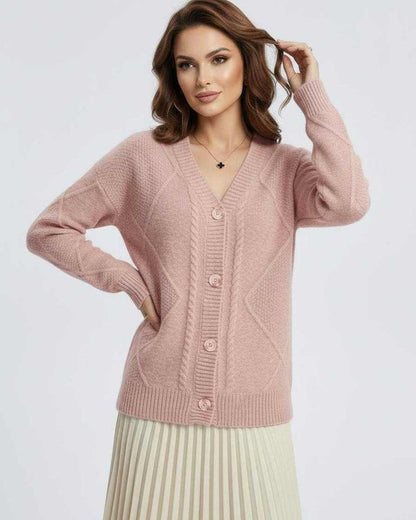 Fleur Cardigan from Lauven - Soft pink long sleeve knitwear with elegant button-down design.