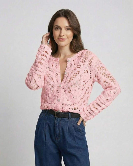 Florence Cardigan - Women's pink cardigan sweater by Lauven featuring romantic crochet knit and modern elegance.