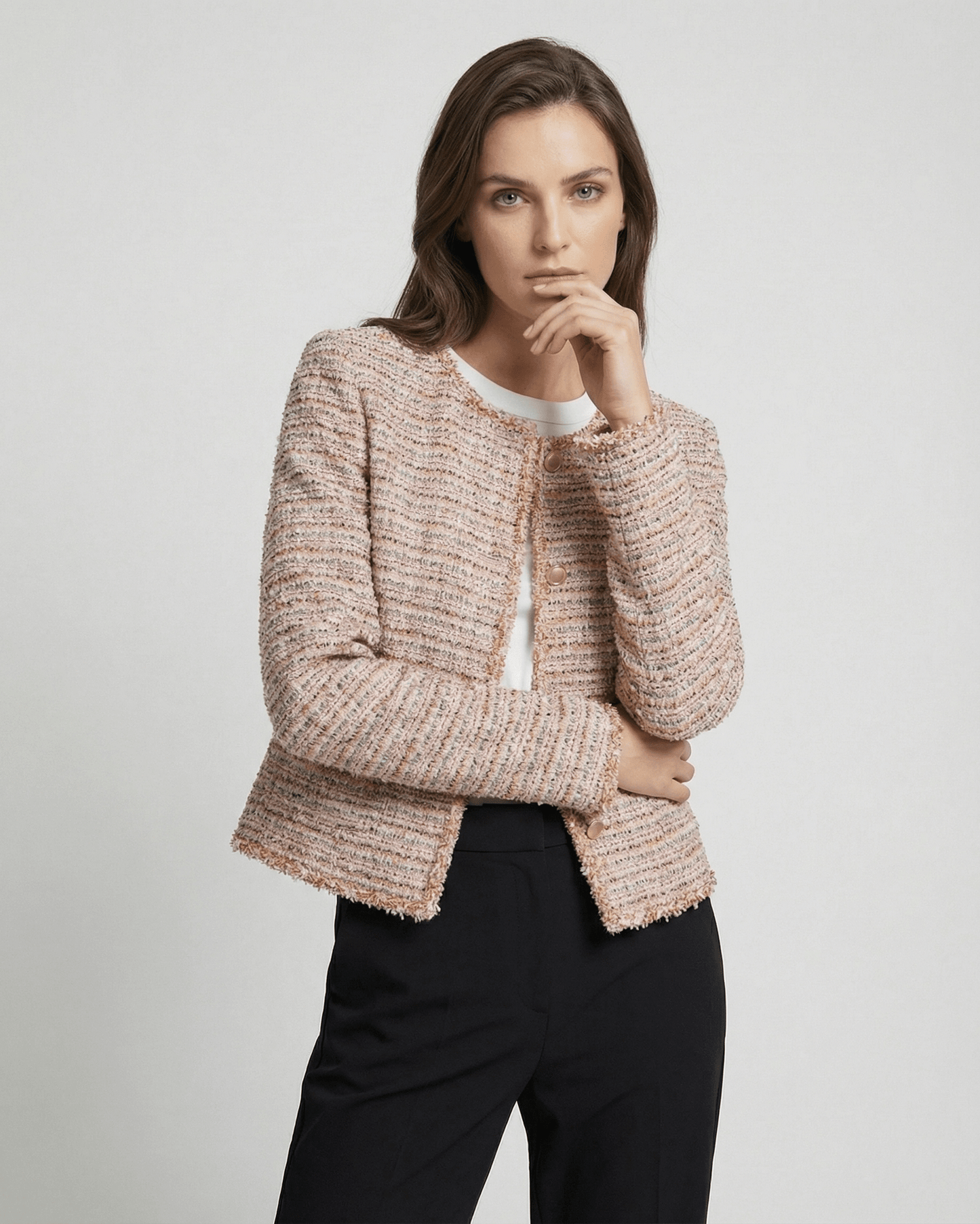 Florence Jacket by Lauven, elegant women's tweed jacket with long sleeves in a refined multitone weave.
