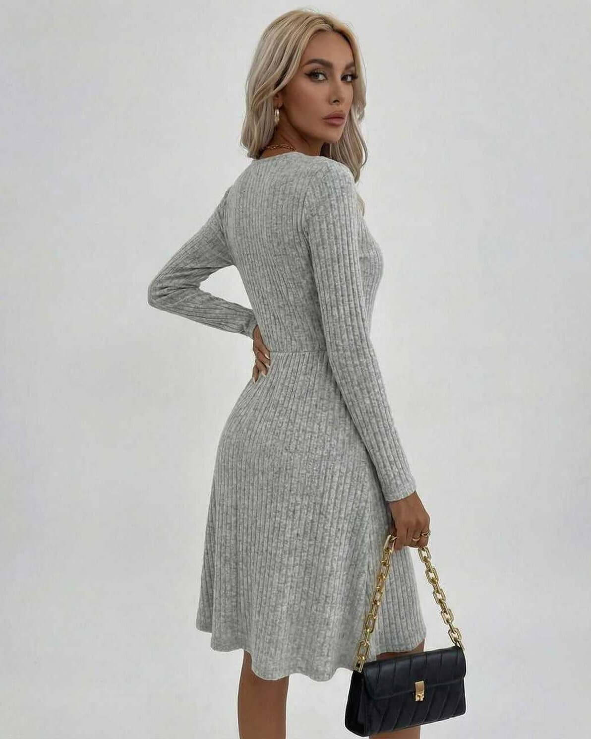 Florence Midi Dress by Lauven – Women's grey ribbed long sleeve dress with V-neck and A-line silhouette