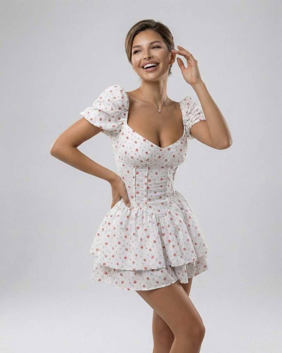 Florence Mini Dress by Lauven featuring a floral print A-line silhouette with puff sleeves and V-neck design.