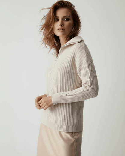 Lauven Florence Sweater - Women's beige zip neck knit sweater with ribbed texture, styled for fall and winter.