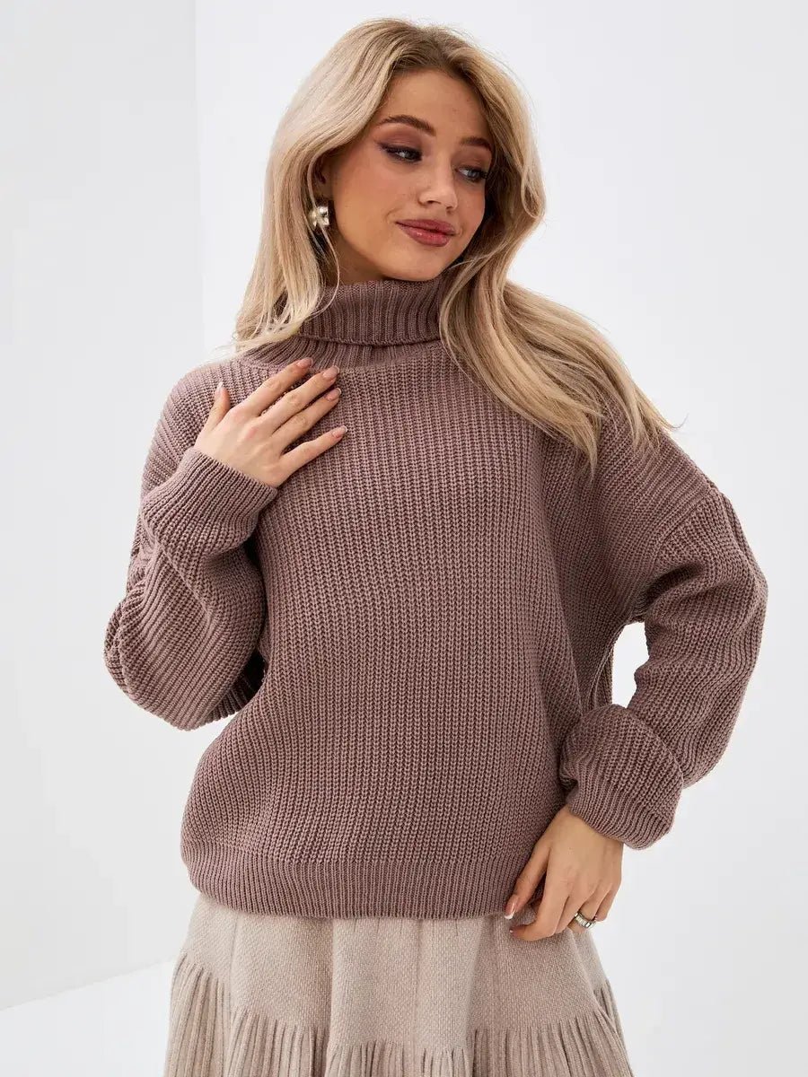 Florence Sweater by Lauven in warm coffee tone, featuring an oversized knit and turtleneck design.