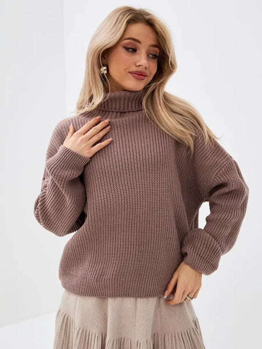 Florence Sweater by Lauven in warm coffee tone, featuring an oversized knit and turtleneck design.