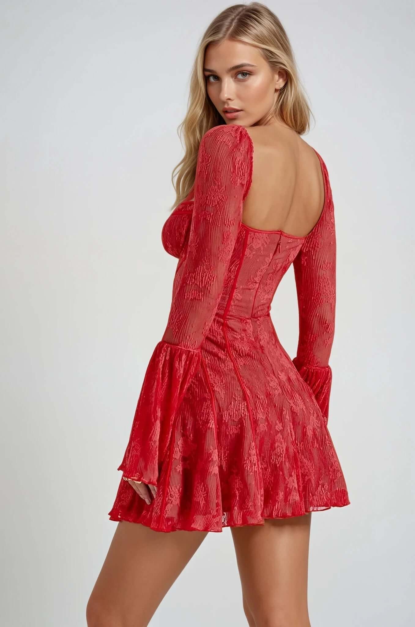 Back view of a red mini dress with flare sleeves and lace overlay, perfect for summer parties and special occasions.