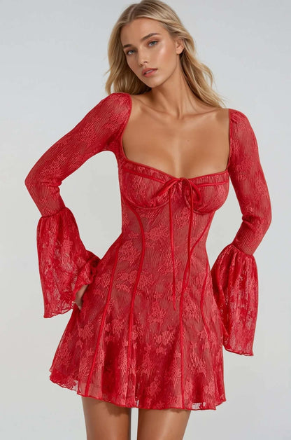 Red lace mini dress with flare sleeves and tie front, perfect for parties and casual summer outings.