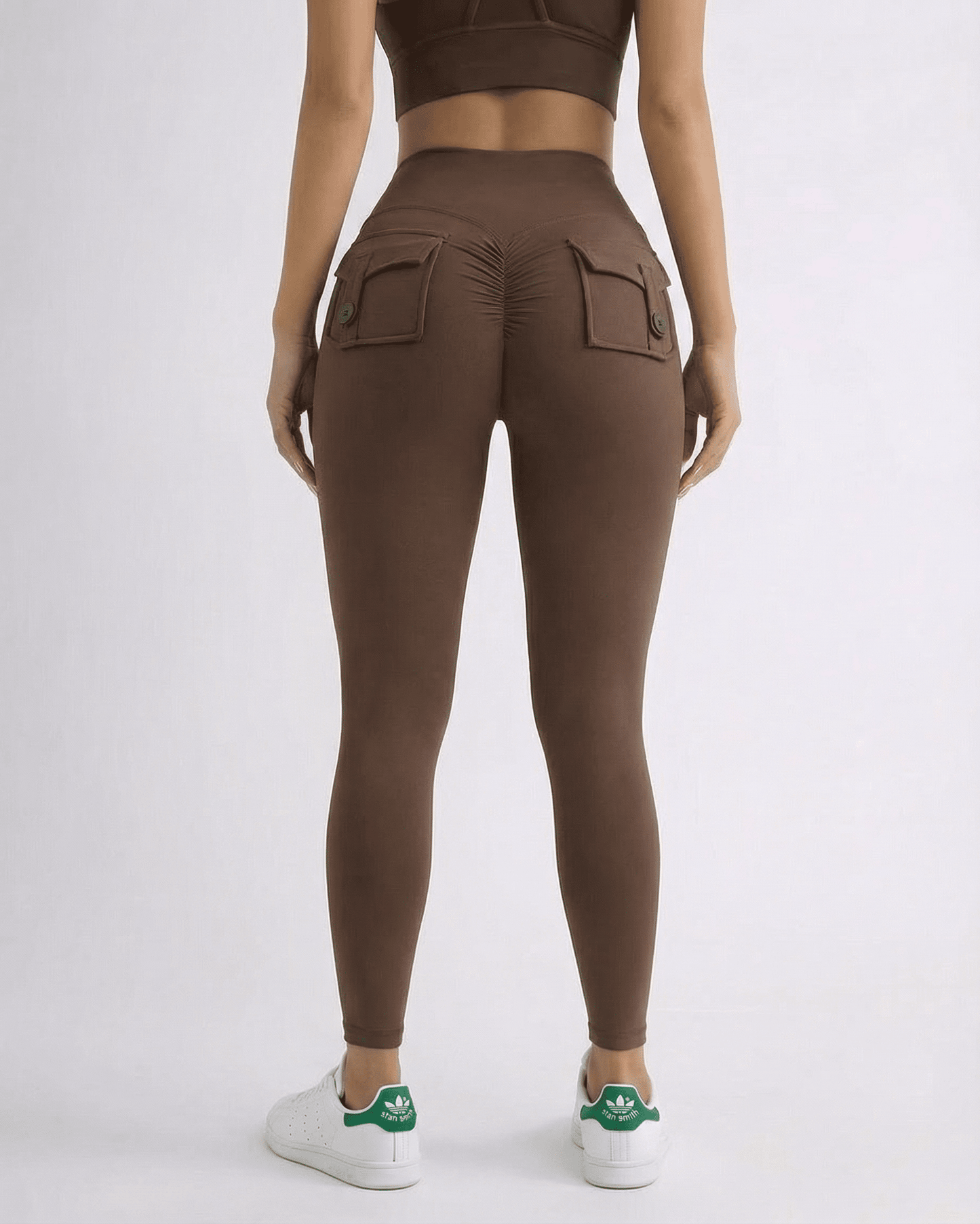Back view of Hazel Leggings by Lauven, sleek brown high-waist leggings with stylish pockets.