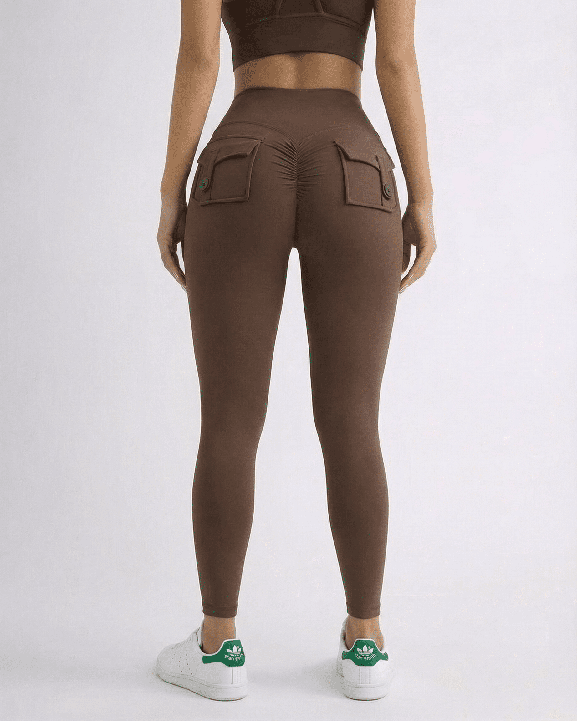 Back view of Hazel Leggings by Lauven, sleek brown high-waist leggings with stylish pockets.