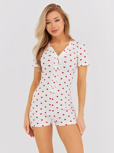 Heart Print V-Neck Romper for Women, soft ribbed knit playsuit with playful heart design.