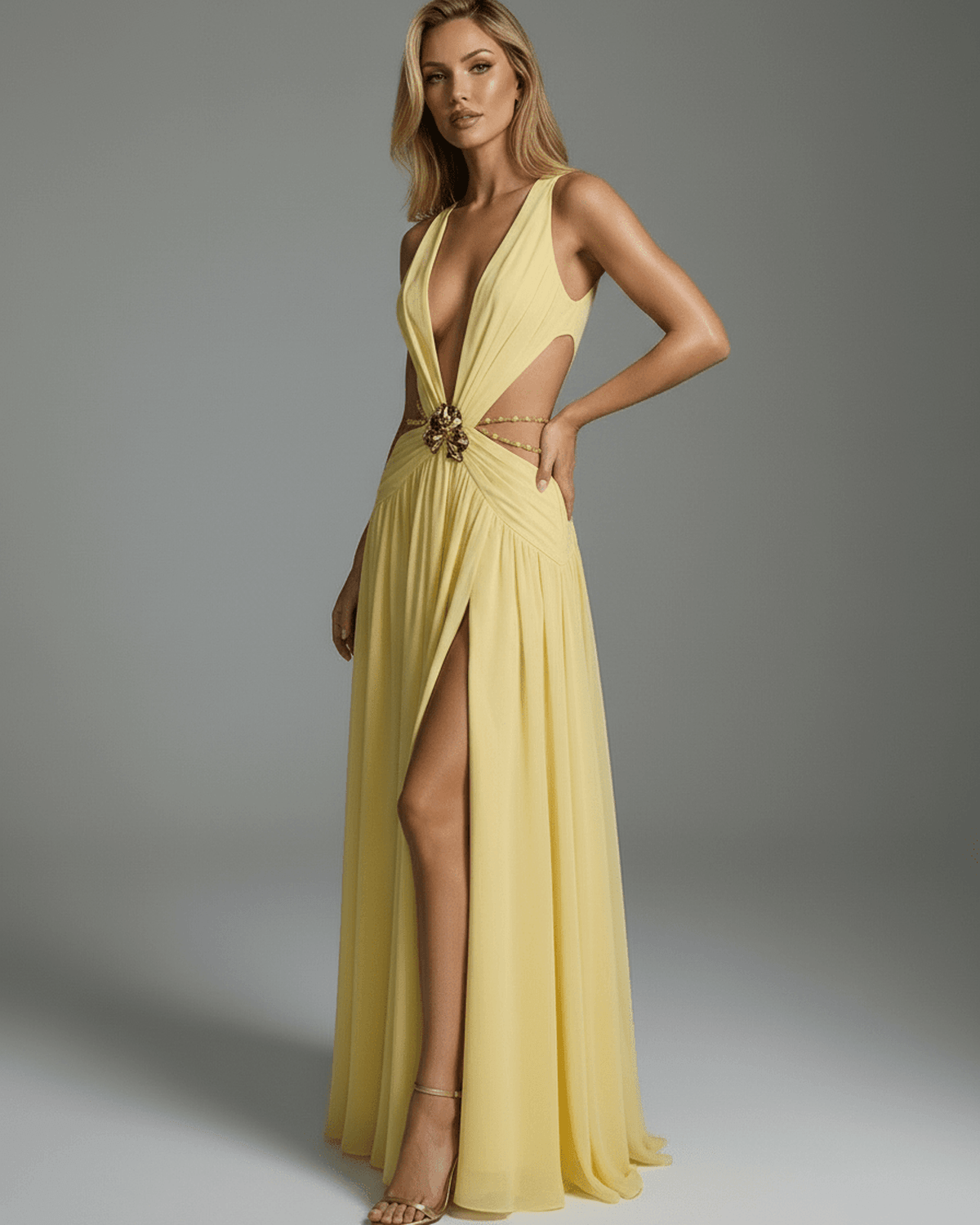 Heliora Maxi Dress by Lauven – Yellow dress with plunging V-Neck and metal embellishment, showcasing elegance and style.