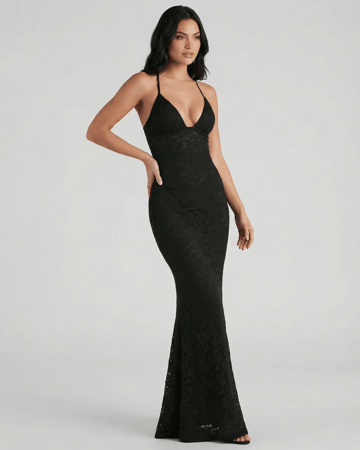 Nyx Maxi Dress by Lauven featuring a lace V-neck trumpet silhouette and ankle-length finish in solid black.