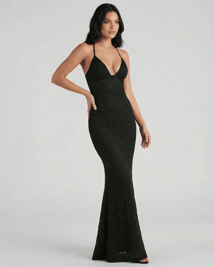 Nyx Maxi Dress by Lauven featuring a lace V-neck trumpet silhouette and ankle-length finish in solid black.
