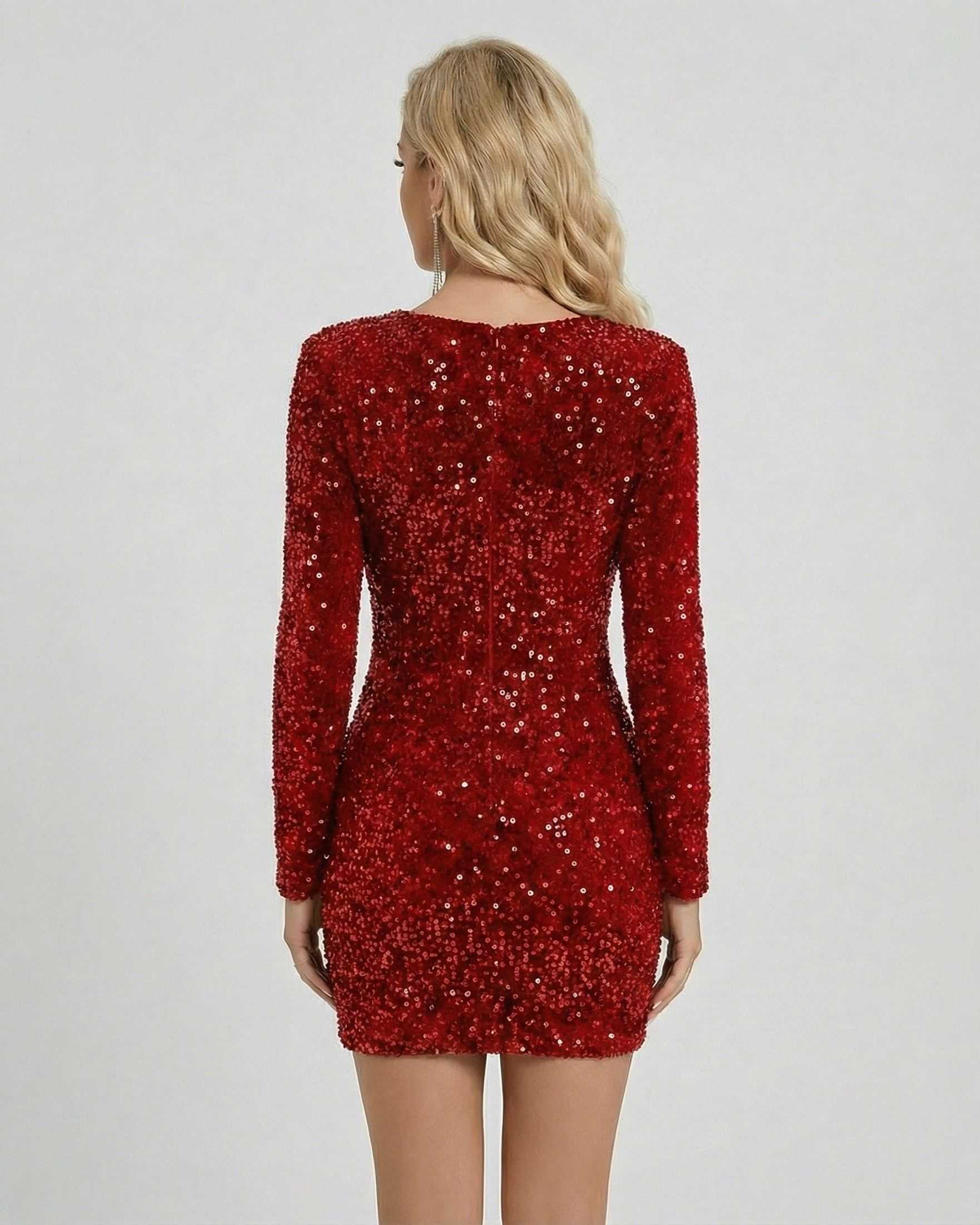 Scarlet Mini Dress by Lauven — Back view of red sequin long sleeve mini dress with structured deep V-neck.