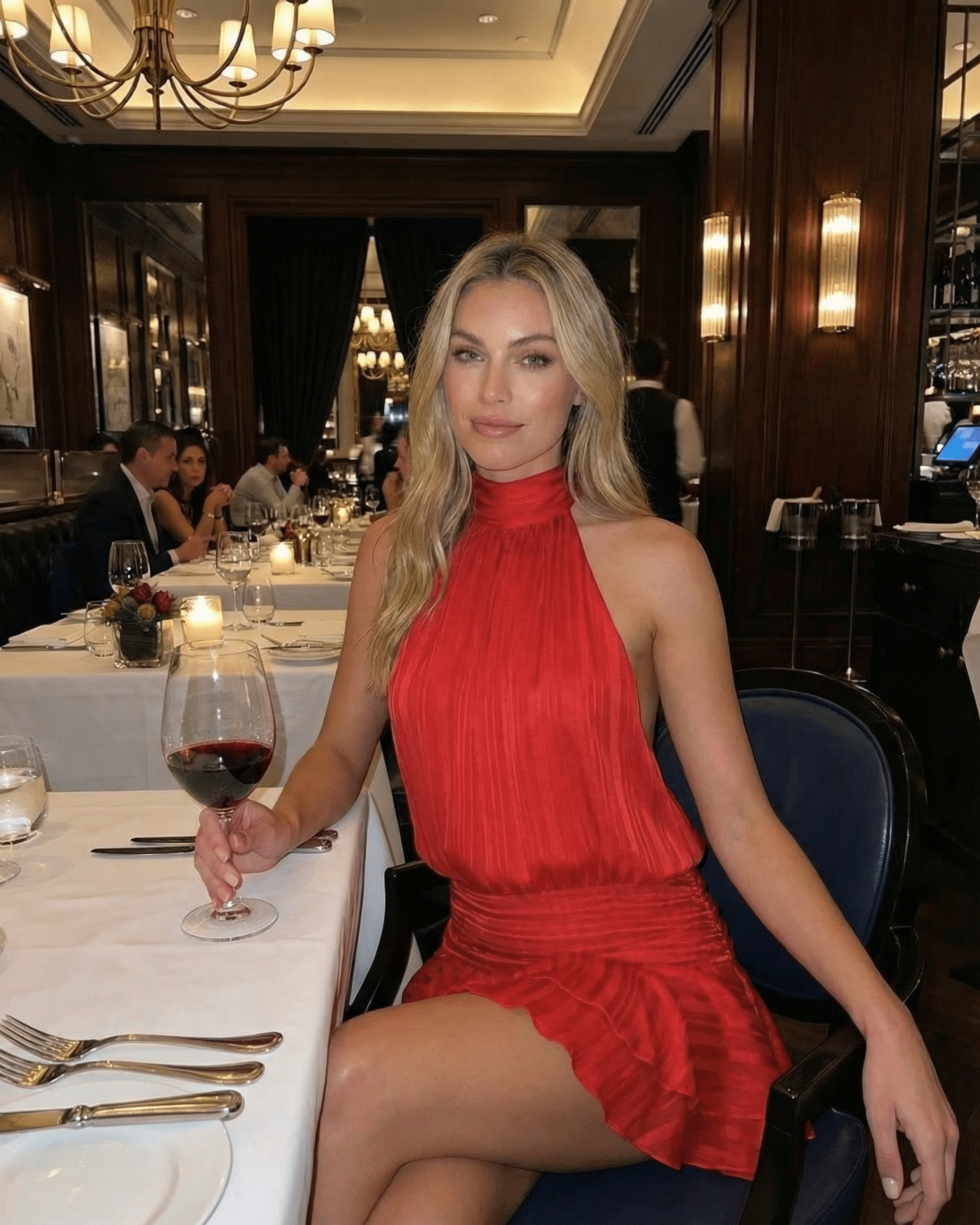 Scarlet Mini Dress by Lauven, featuring a pleated chiffon design and elevated halter neckline, perfect for elegant dining.