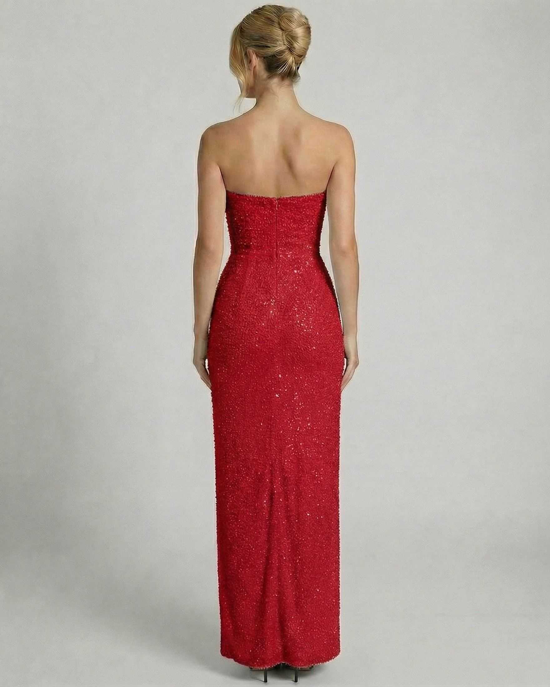 Scarlet Maxi Dress by Lauven, showcasing the back view of a stunning strapless embellished design.