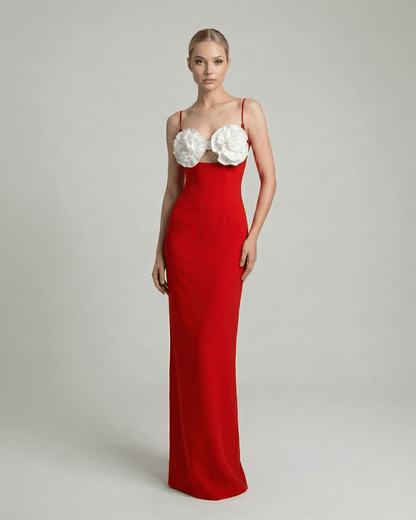 Nova Maxi Dress by Lauven in vibrant red with floral embellished bust and spaghetti straps.