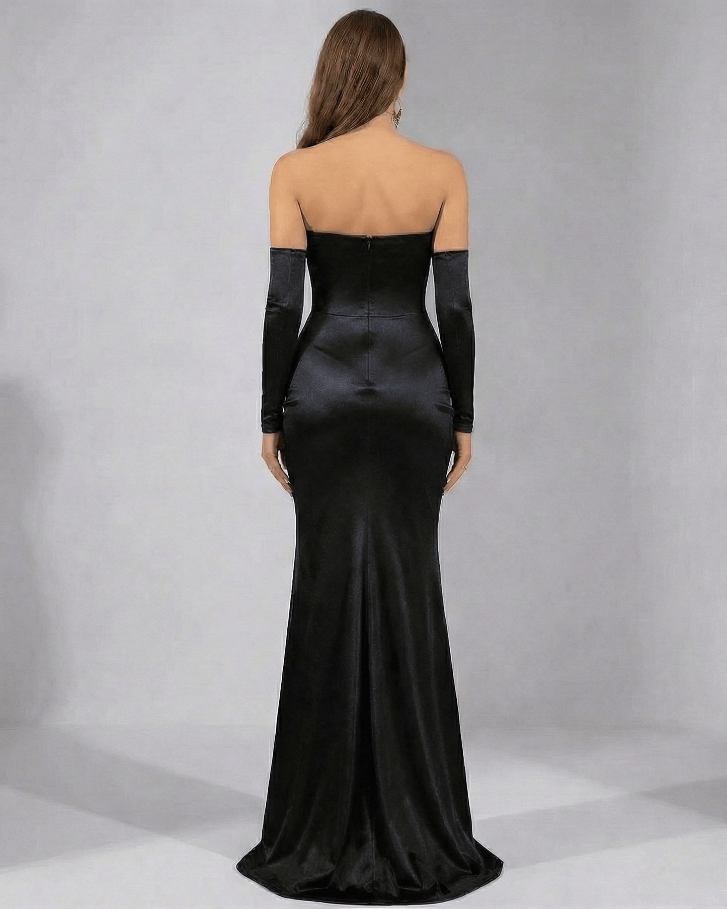 Noir Maxi Dress by Lauven featuring a sleek, strapless design and elegant silhouette in black satin.