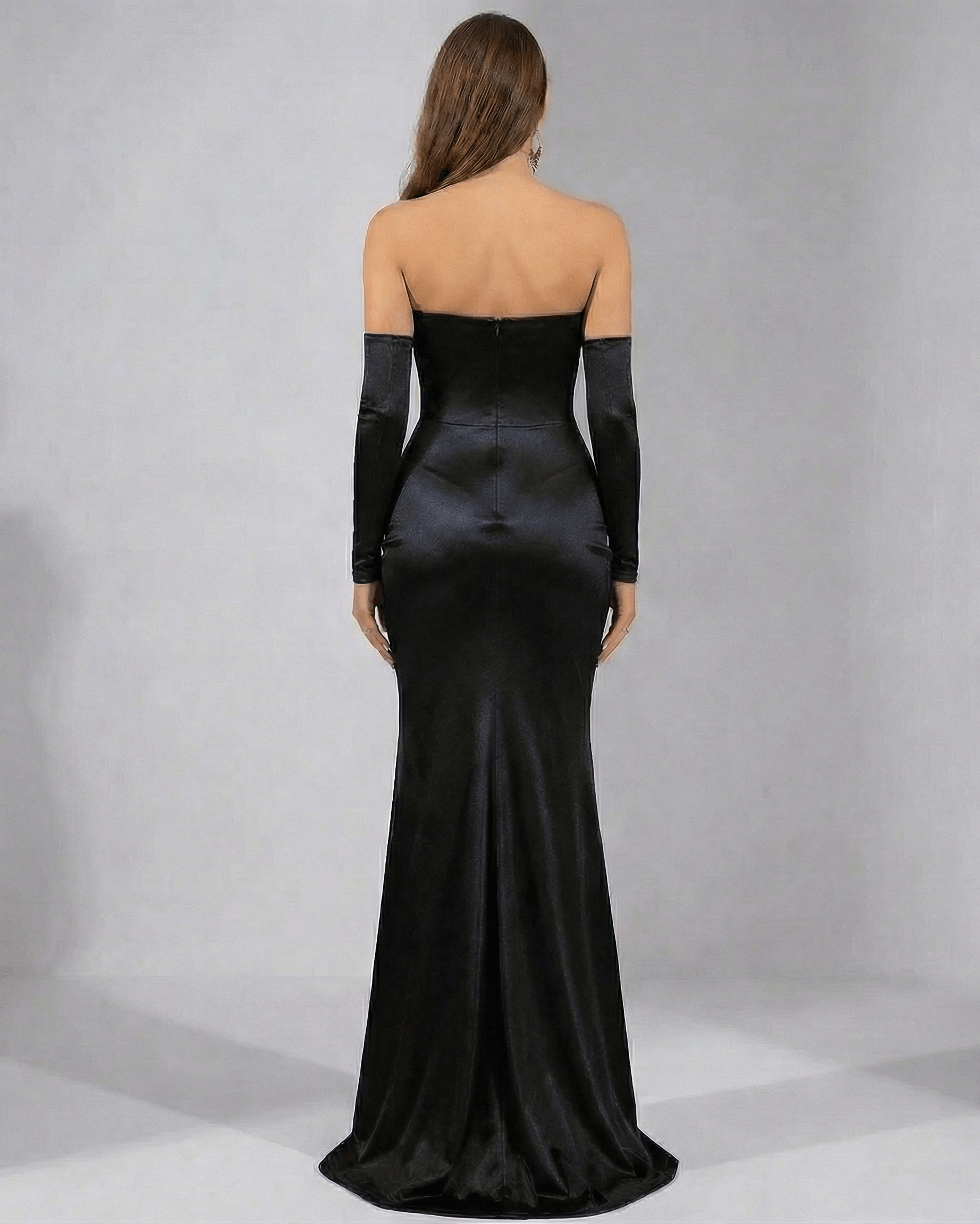 Noir Maxi Dress by Lauven featuring a sleek, strapless design and elegant silhouette in black satin.