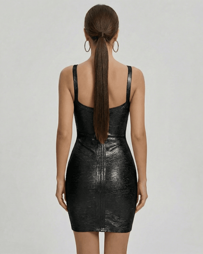 Back view of the Lyra Mini Dress by Lauven, showcasing its sleek black bodycon design and fitted silhouette.