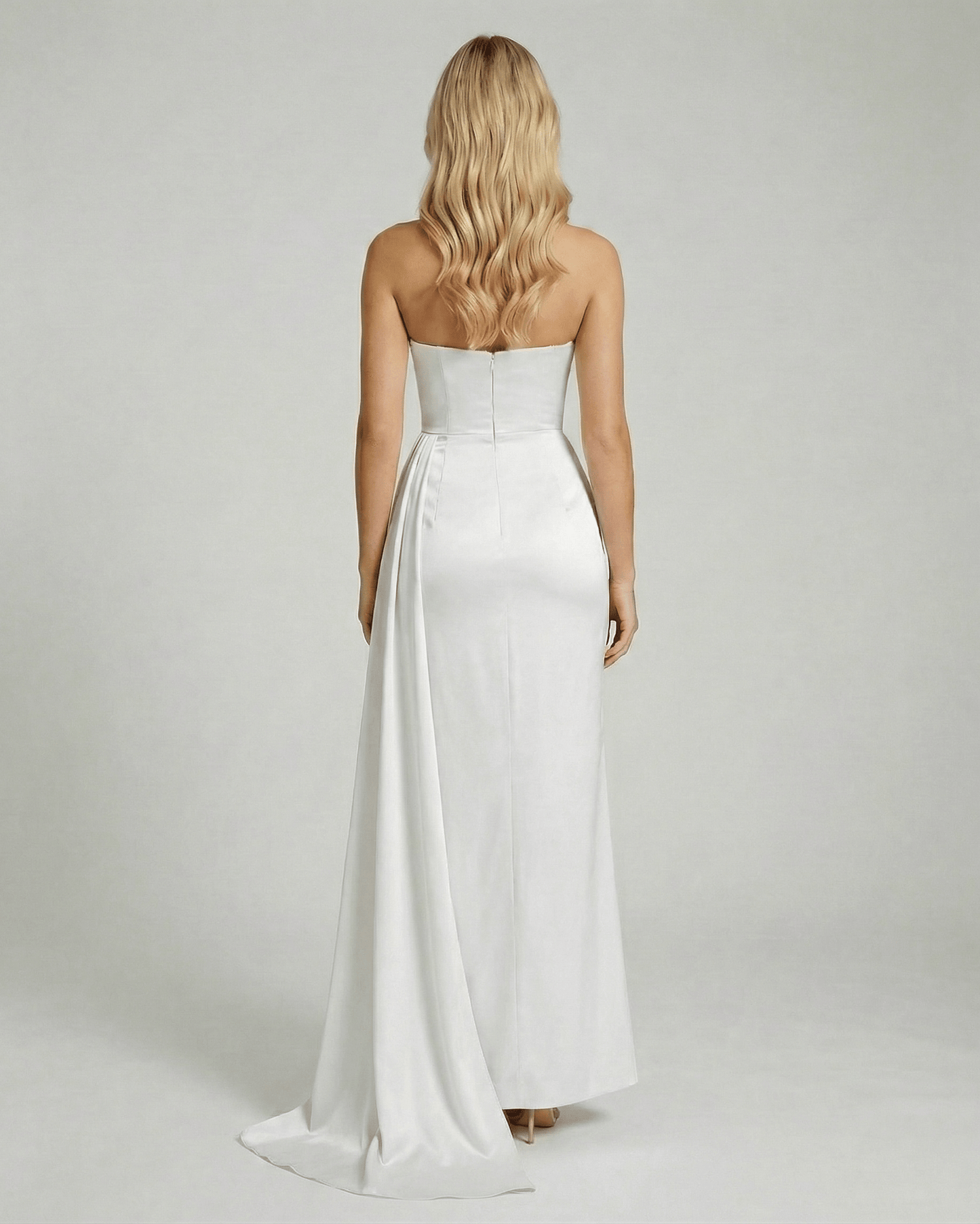 Luna Maxi Dress by Lauven – Back view of elegant white satin gown with a sleek sheath silhouette.