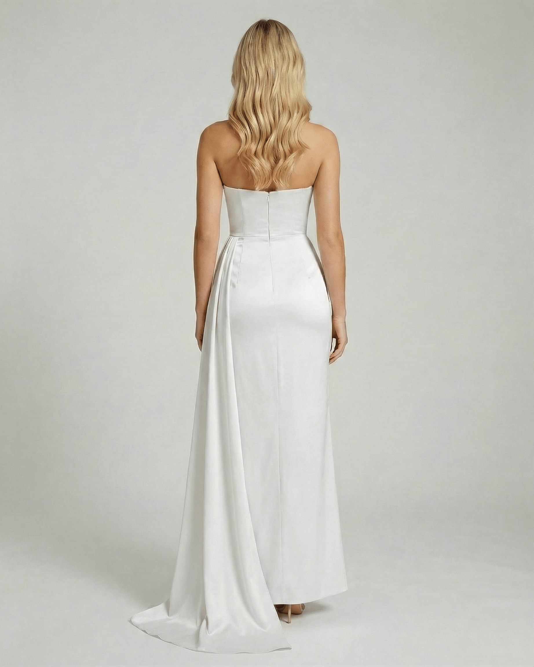 Luna Maxi Dress by Lauven – Back view of elegant white satin gown with a sleek sheath silhouette.
