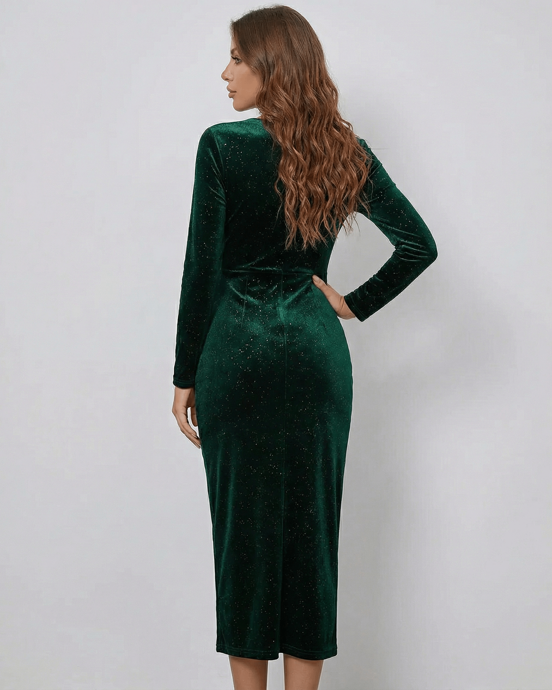 Orion Midi Dress by Lauven, elegant green velvet dress with a flattering back view and long sleeves.