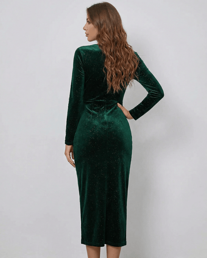 Orion Midi Dress by Lauven, elegant green velvet dress with a flattering back view and long sleeves.