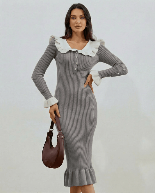 Monaco Midi Dress by Lauven featuring gray ribbed fabric and ruffled collar, perfect for everyday elegance.