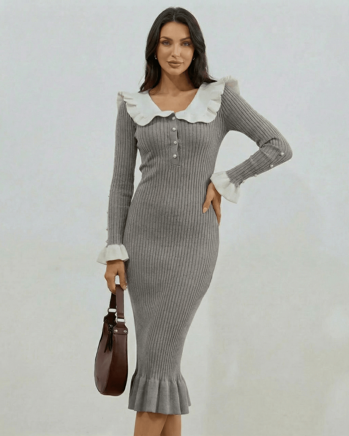 Monaco Midi Dress by Lauven - Gray long sleeve dress with ruffled collar and fitted silhouette.