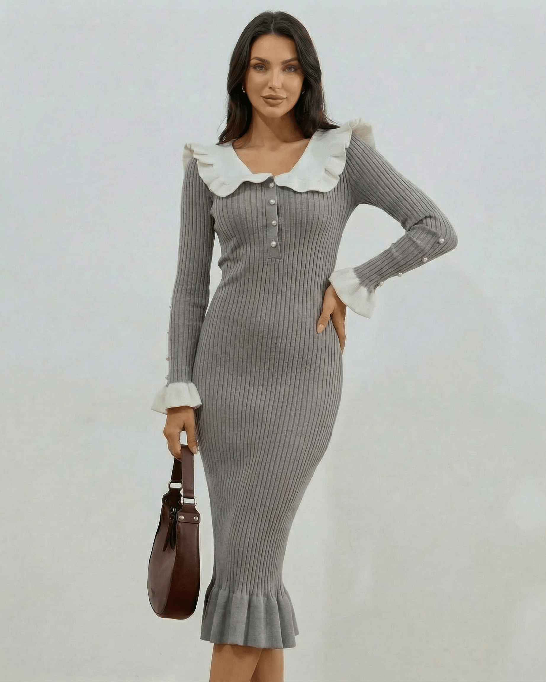 Monaco Midi Dress by Lauven - Gray long sleeve dress with ruffled collar and fitted silhouette.