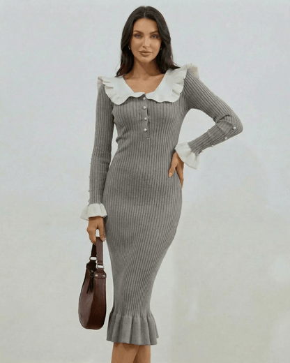 Monaco Midi Dress by Lauven - Gray long sleeve dress with ruffled collar and fitted silhouette.