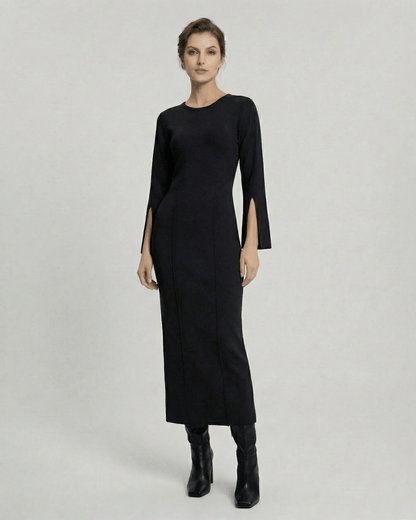 Noiré Midi Dress by Lauven – Women’s Black Midi Dress with Long Sleeve Knit Silhouette.