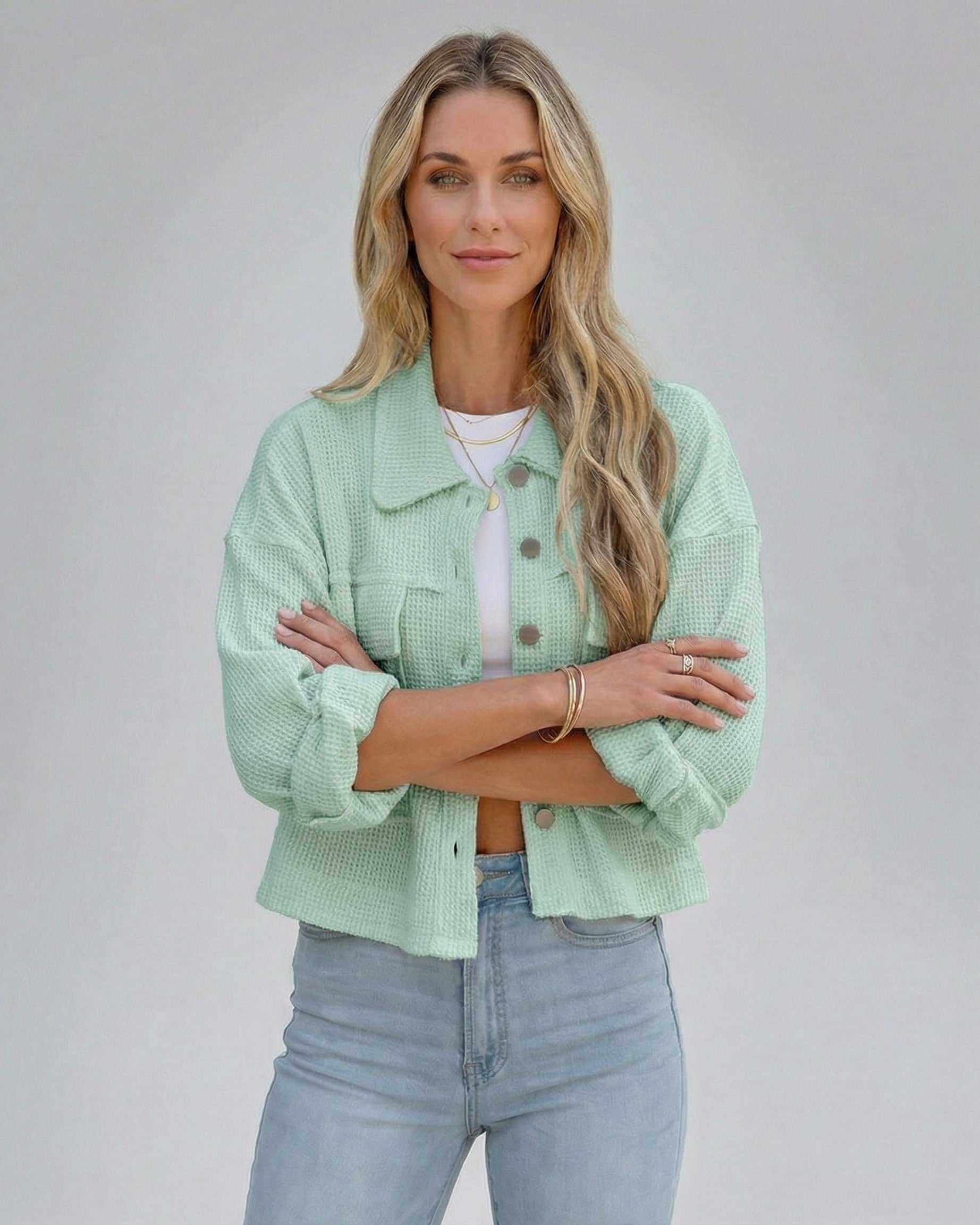 Elara Jacket – Lauven women’s mint green cropped jacket with oversized fit, styled for a modern look.