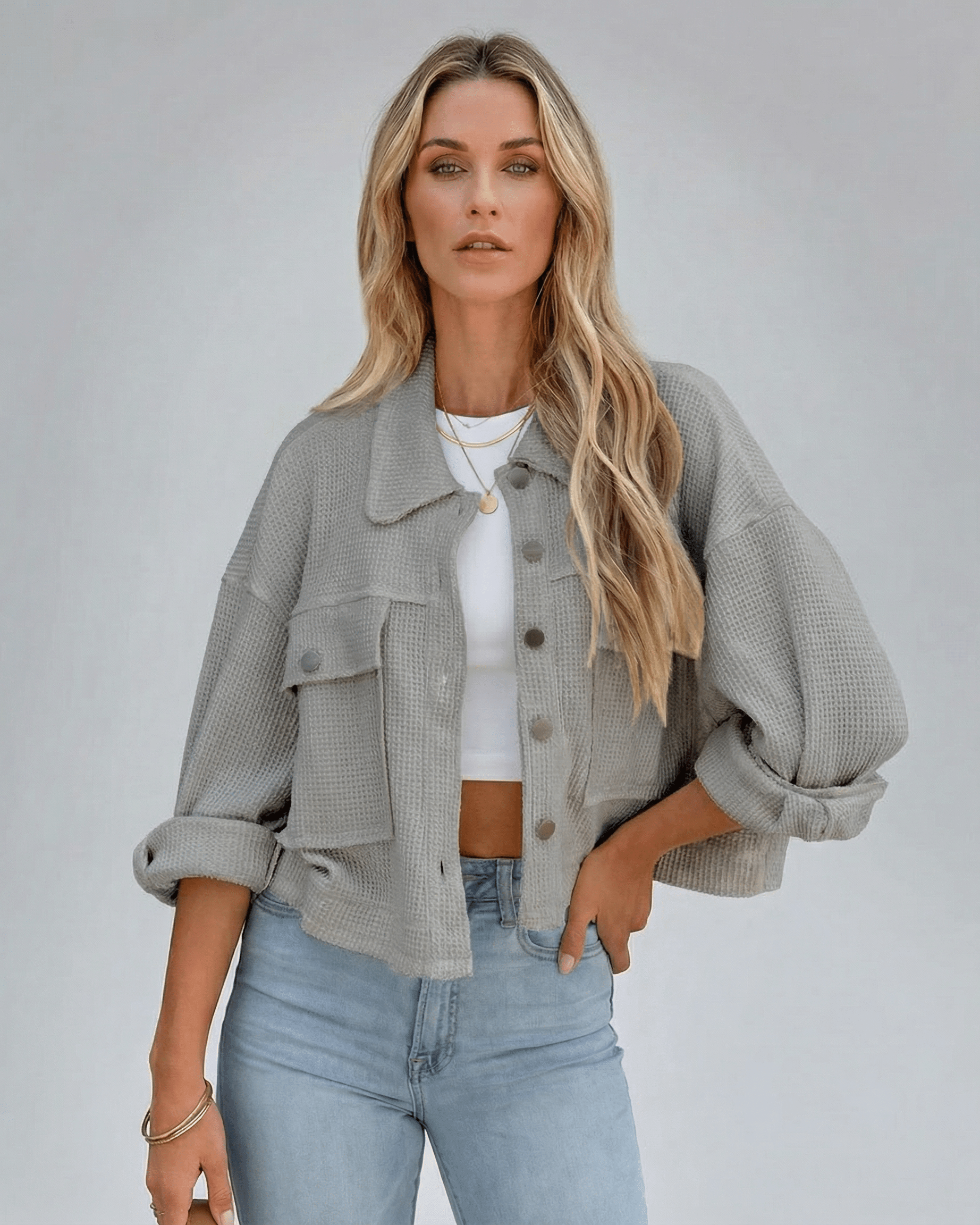 Monaco Jacket by Lauven - Women’s Cropped Jacket in Sage Green with Oversized Fit and Relaxed Silhouette.