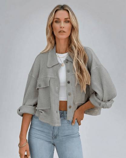 Monaco Jacket by Lauven - Women’s Cropped Jacket in Sage Green with Oversized Fit and Relaxed Silhouette.