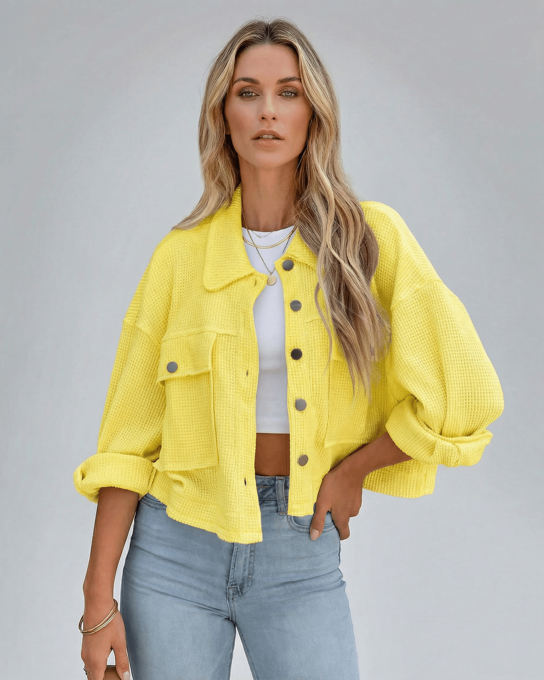 Capri Jacket by Lauven – Women’s yellow cropped jacket with oversized fit and relaxed style.