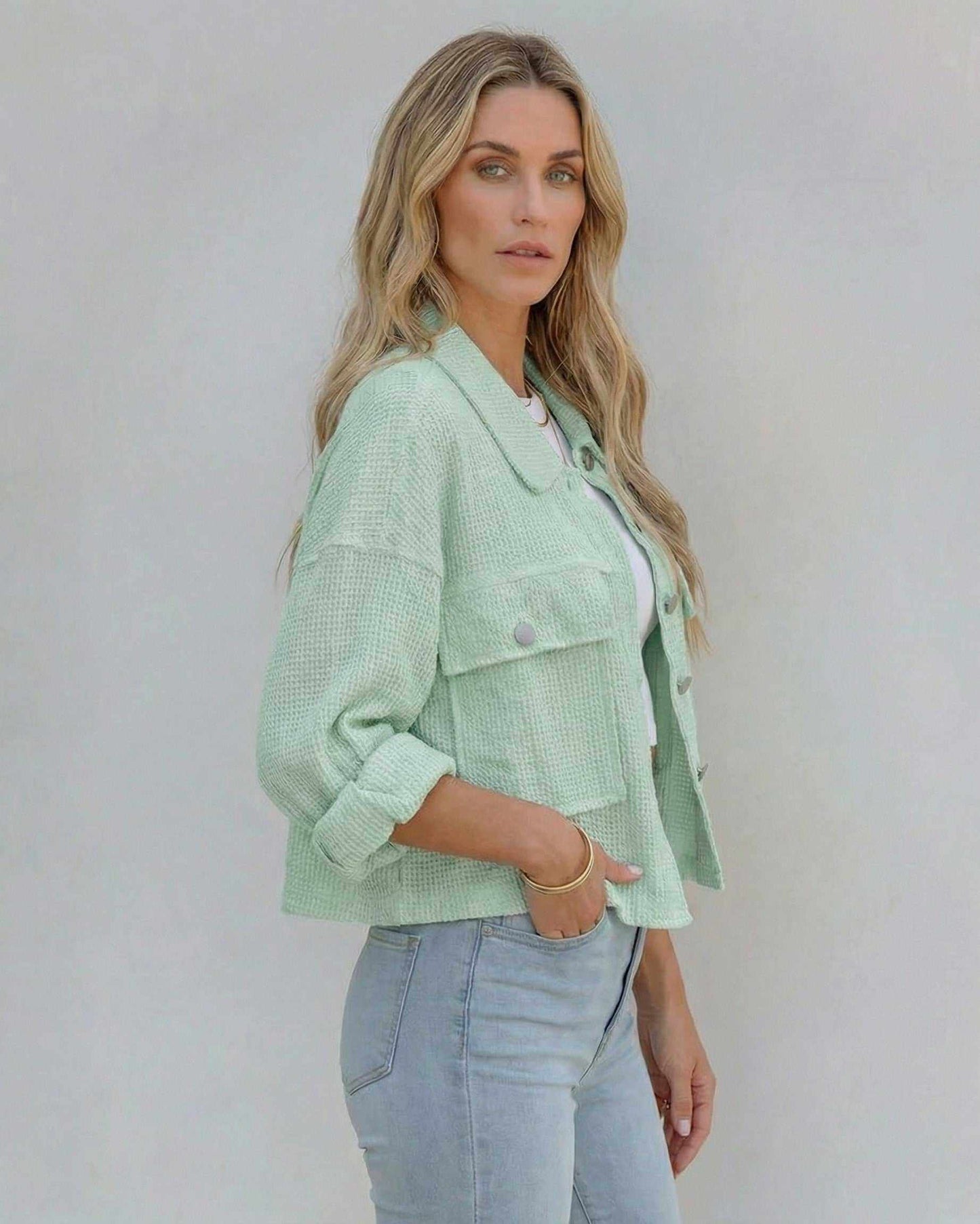 Elara Jacket - Women's mint green cropped jacket with oversized fit by Lauven.