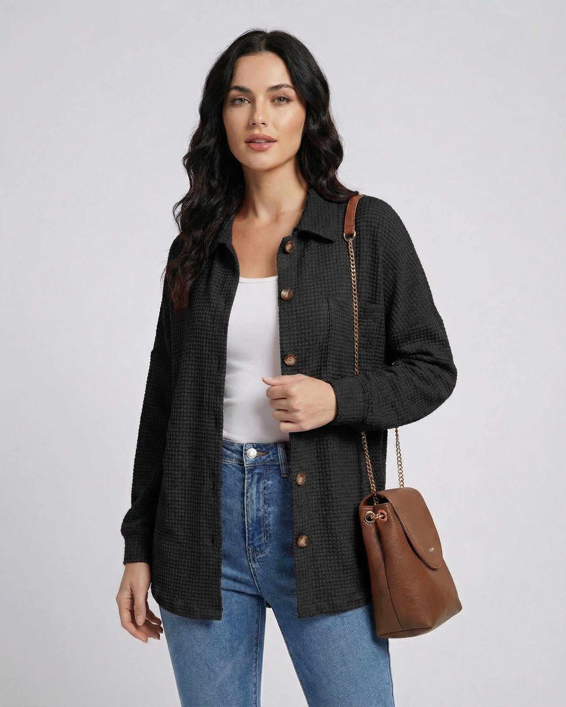 Milano Jacket by Lauven – Women's black jacket in waffle knit with longline fit and button front.