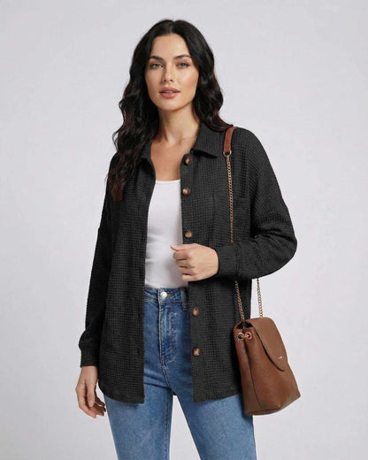 Milano Jacket by Lauven – Women's black jacket in waffle knit with longline fit and button front.